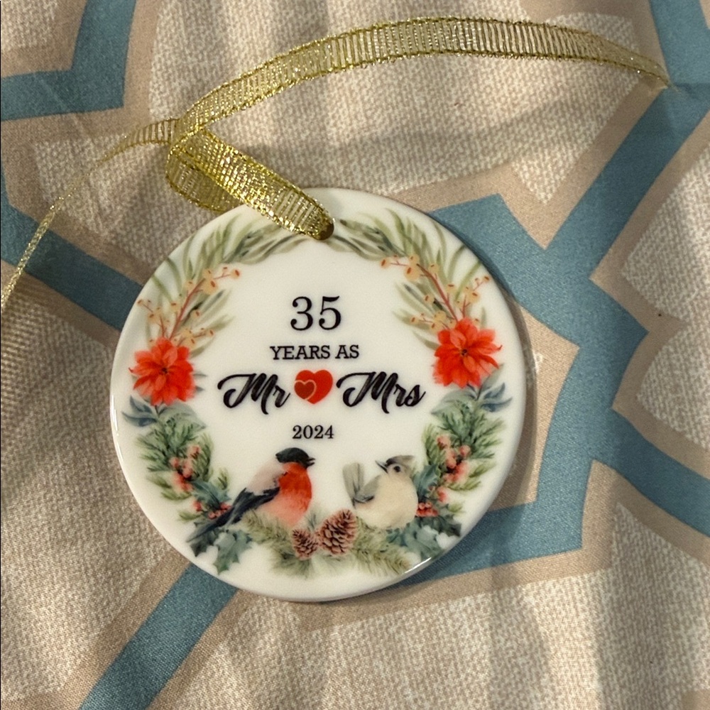Festive Floral Anniversary Ornament with Gold Ribbon